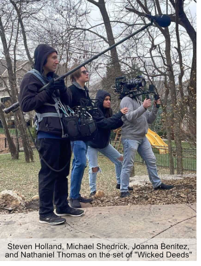Steven Holland, Michael Shedrick, Joanna Benitez, and Nathaniel Thomas on the set of "Wicked Deeds"
